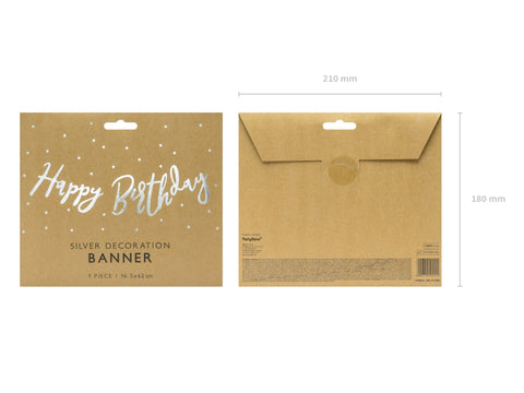 Baner Happy Birthday, srebrna, 16.5x62cm